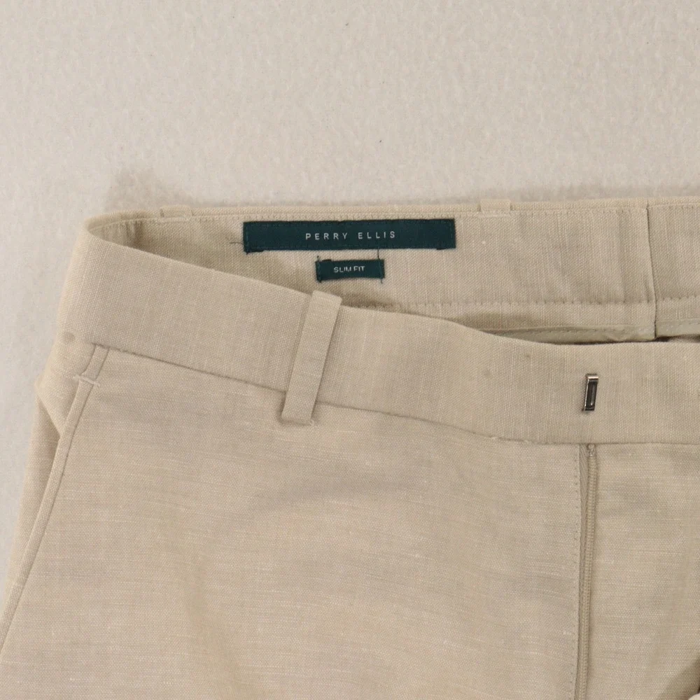 Perry Ellis Dress Pants Men 29x30 Slim Fit Flat Front Khaki Tan Linen Blend EUC